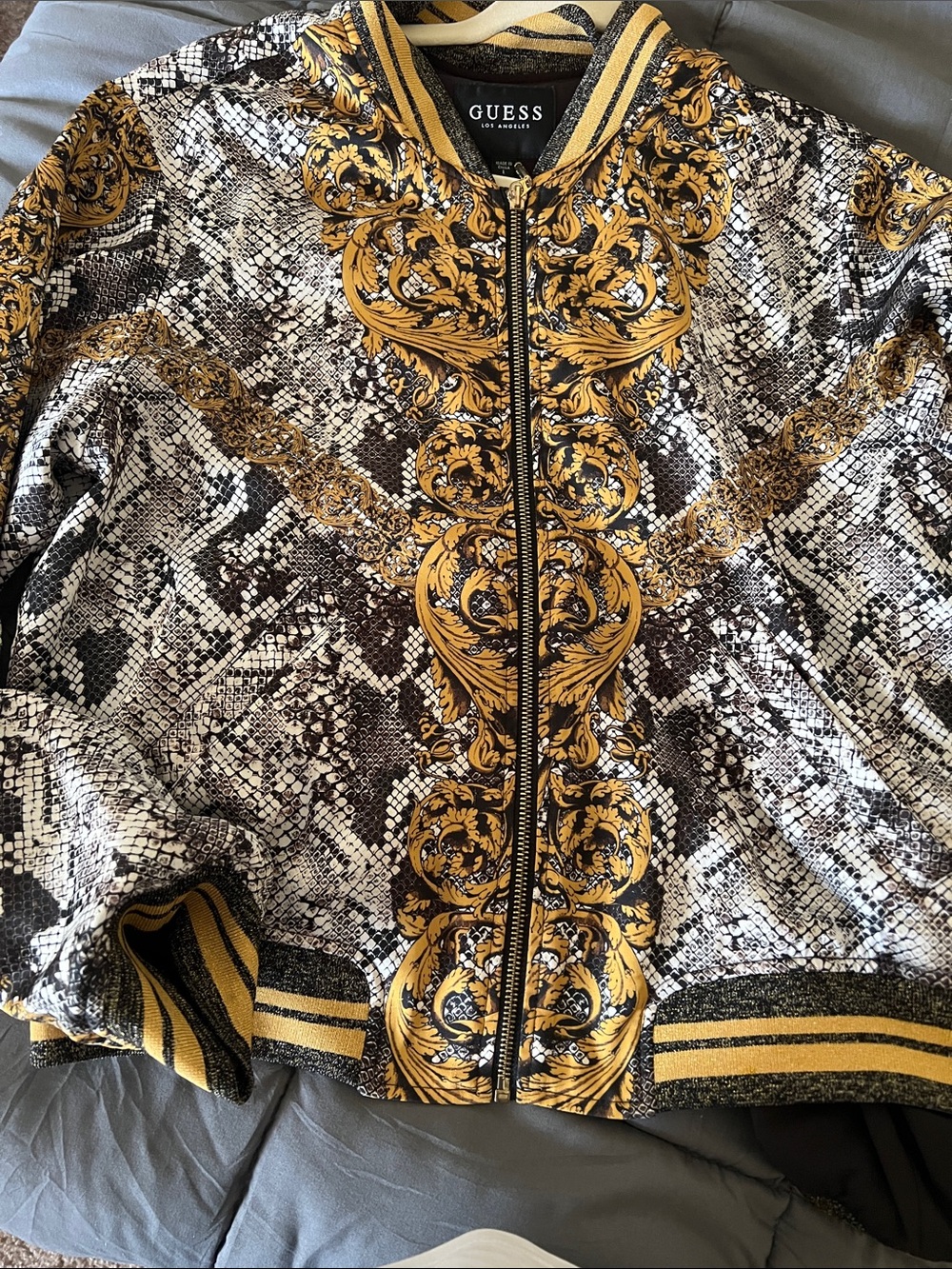 GUESS Rae Baroque Snake Print Bomber Jacket